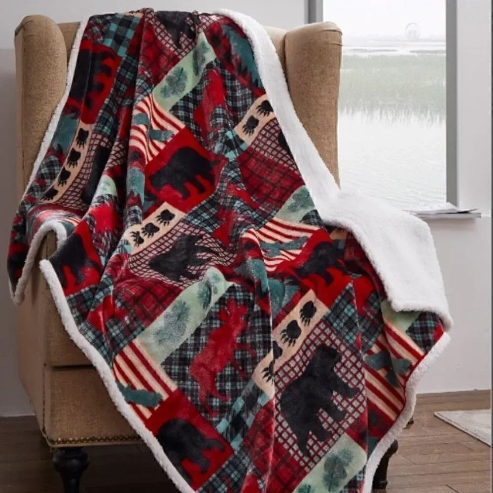 Christmas Lodge Sherpa Throw Blanket Plush Moose